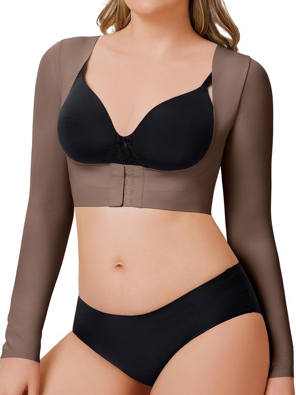 Women's Plain Sexy Criss Cross Open Bust Shapewear Crop Tee, Adjustable Hooks Push Up Chest Long Sleeve Shaper Top, Ladies Body Shapewear for All Seasons